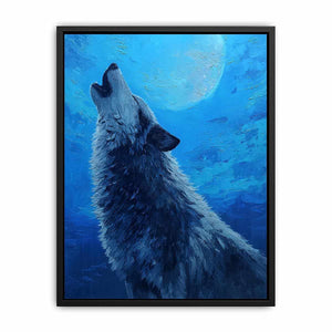Wolf canvas artwork under a moonlit sky for dramatic modern living room decor.
