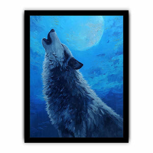 Wolf canvas artwork under a moonlit sky for dramatic modern living room decor.