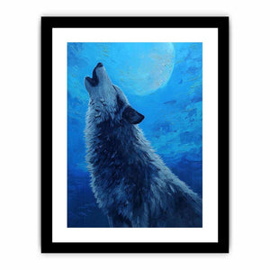 Wolf canvas artwork under a moonlit sky for dramatic modern living room decor.