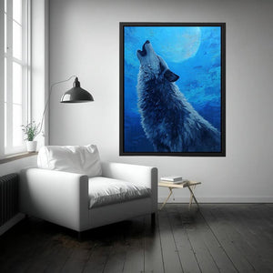 Wolf canvas artwork under a moonlit sky for dramatic modern living room decor.