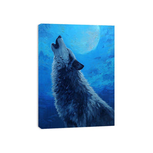 Wolf canvas artwork under a moonlit sky for dramatic modern living room decor.