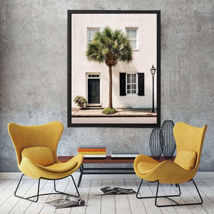 Elegant palm tree beside white coastal architecture for modern living room decor.