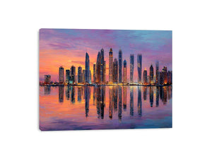 Colorful skyline artwork with waterfront reflections for modern office decor.