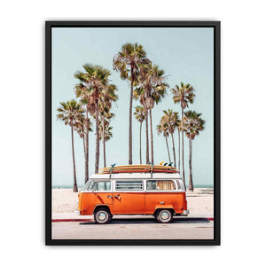 Vintage surf van with palm trees and beach atmosphere for coastal living room decor.
