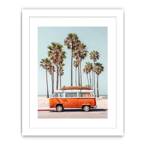 Vintage surf van with palm trees and beach atmosphere for coastal living room decor.