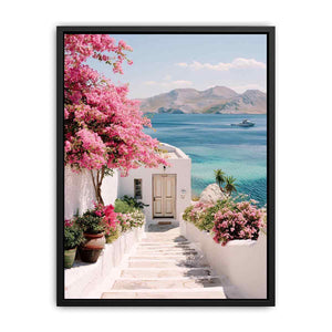 Mediterranean coastal flowers and sea view artwork for elegant living room decor.