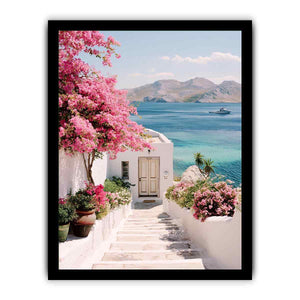 Mediterranean coastal flowers and sea view artwork for elegant living room decor.