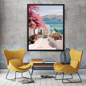 Mediterranean coastal flowers and sea view artwork for elegant living room decor.