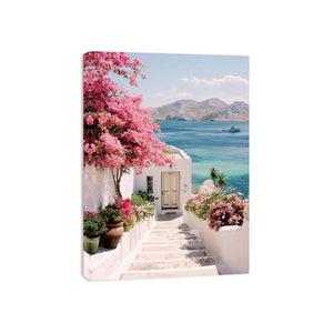 Mediterranean coastal flowers and sea view artwork for elegant living room decor.