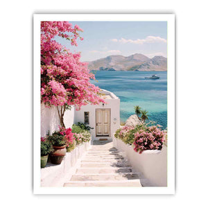 Mediterranean coastal flowers and sea view artwork for elegant living room decor.