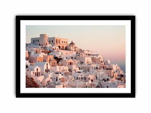 White Mediterranean hillside architecture artwork for luxury living room decor.