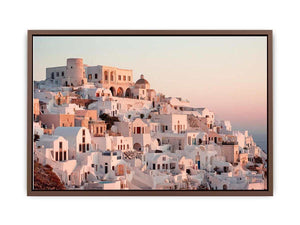 White Mediterranean hillside architecture artwork for luxury living room decor.