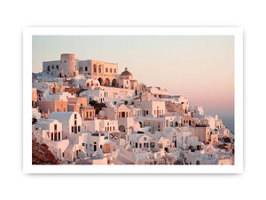 White Mediterranean hillside architecture artwork for luxury living room decor.