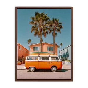 Vintage surf van artwork with palm trees for beach house and coastal living room decor