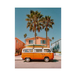 Vintage surf van artwork with palm trees for beach house and coastal living room decor