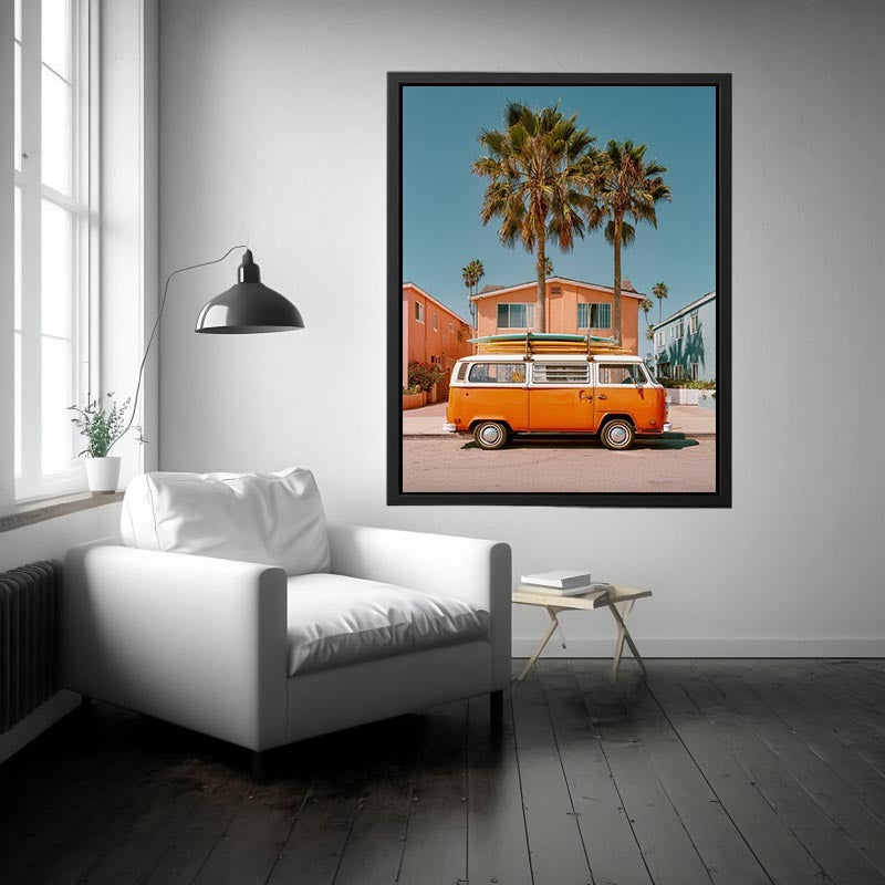 Vintage surf van artwork with palm trees for beach house and coastal living room decor