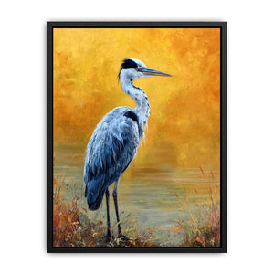 Elegant heron artwork with golden background for serene modern living room decor