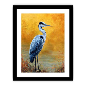 Elegant heron artwork with golden background for serene modern living room decor