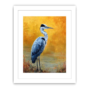 Elegant heron artwork with golden background for serene modern living room decor
