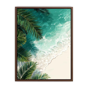 Overhead tropical beach artwork with palm leaves and turquoise ocean for coastal room decor
