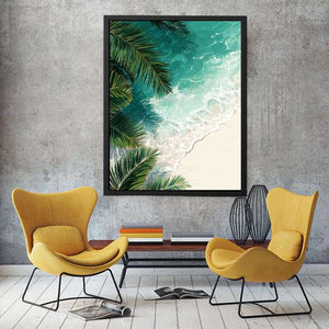 Overhead tropical beach artwork with palm leaves and turquoise ocean for coastal room decor