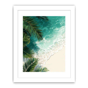 Overhead tropical beach artwork with palm leaves and turquoise ocean for coastal room decor