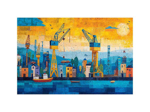Colorful harbor cityscape canvas art with cranes and boats for modern office decor