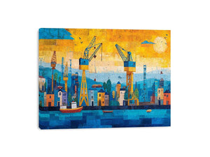 Colorful harbor cityscape canvas art with cranes and boats for modern office decor