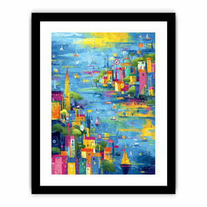 Colorful coastal cityscape canvas art with sailboats for modern living room decor