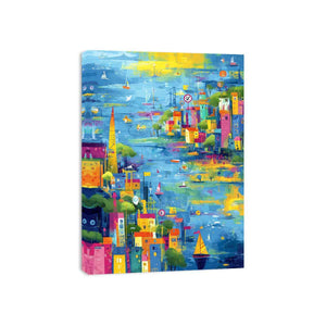 Colorful coastal cityscape canvas art with sailboats for modern living room decor