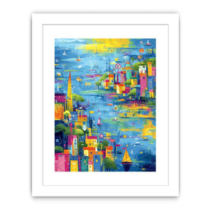 Colorful coastal cityscape canvas art with sailboats for modern living room decor