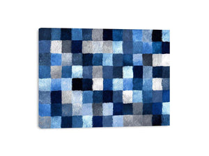 Blue geometric grid artwork with textured squares for contemporary office or living room decor