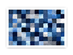 Blue geometric grid artwork with textured squares for contemporary office or living room decor
