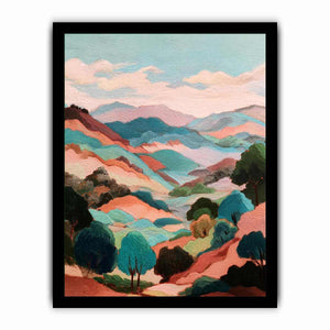 Pastel mountain landscape artwork with rolling hills for stylish bedroom decor