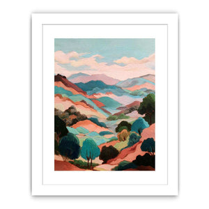 Pastel mountain landscape artwork with rolling hills for stylish bedroom decor