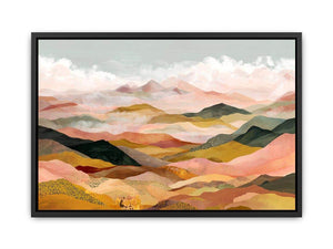 Panoramic mountain landscape artwork with soft golden tones for luxury living room decor