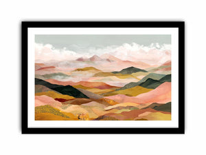 Panoramic mountain landscape artwork with soft golden tones for luxury living room decor