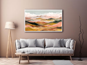 Panoramic mountain landscape artwork with soft golden tones for luxury living room decor