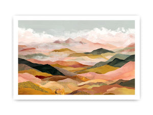 Panoramic mountain landscape artwork with soft golden tones for luxury living room decor