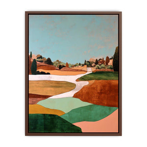 Countryside landscape artwork with winding path and earthy green tones for modern interiors