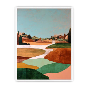 Countryside landscape artwork with winding path and earthy green tones for modern interiors