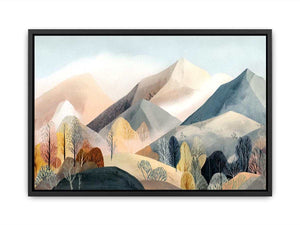 Watercolor mountain landscape artwork with soft trees for serene bedroom decor