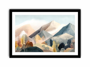 Watercolor mountain landscape artwork with soft trees for serene bedroom decor