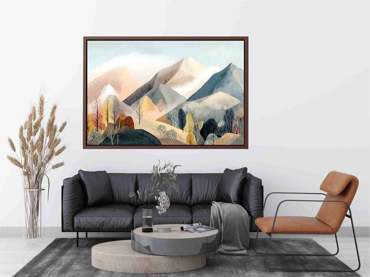 Watercolor mountain landscape artwork with soft trees for serene bedroom decor