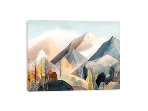 Watercolor mountain landscape artwork with soft trees for serene bedroom decor