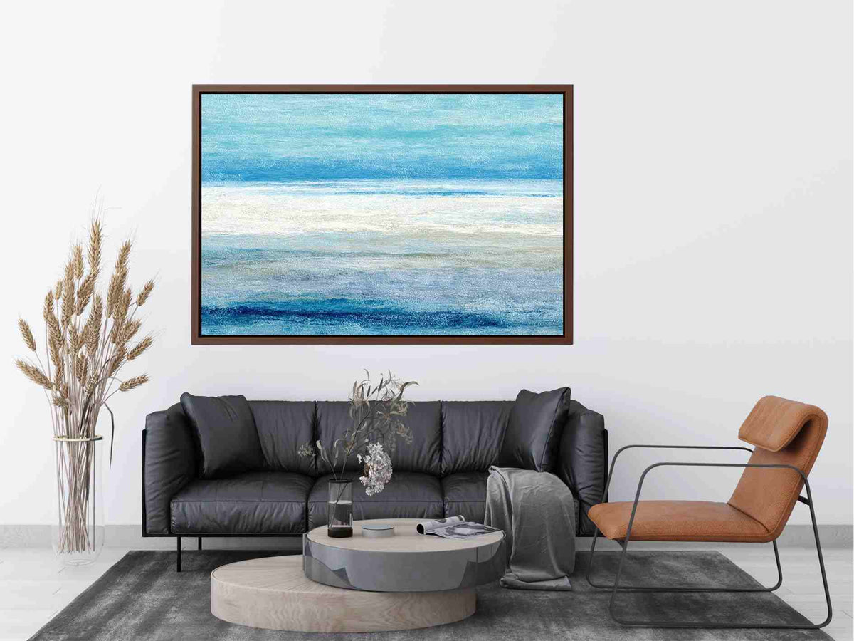 Abstract coastal horizon artwork in blue and white tones for modern living room decor