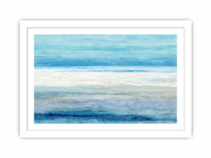 Abstract coastal horizon artwork in blue and white tones for modern living room decor