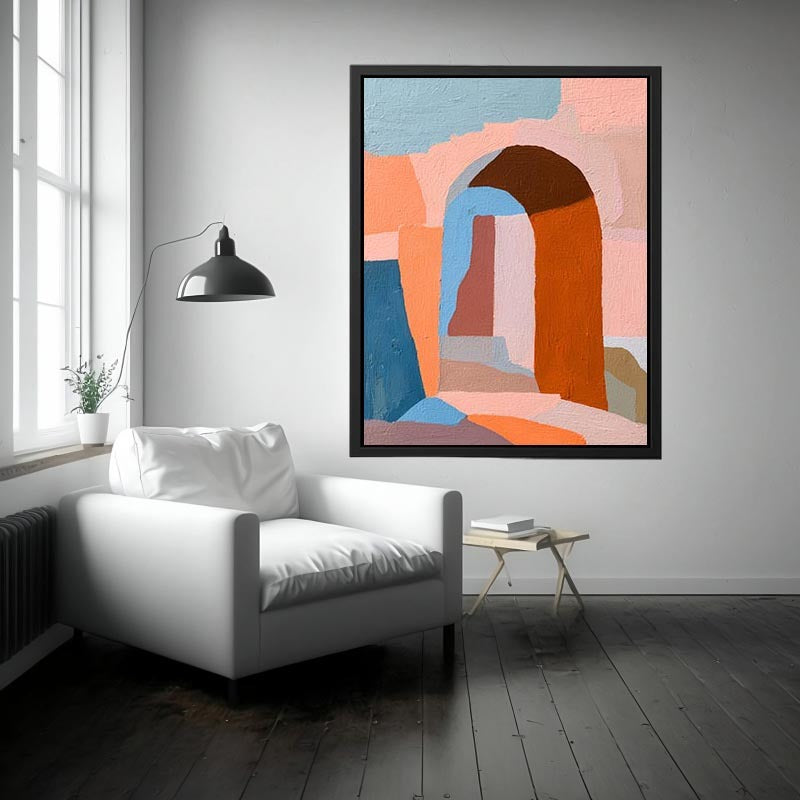 Abstract archway canvas art with terracotta and pastel tones for modern interiors