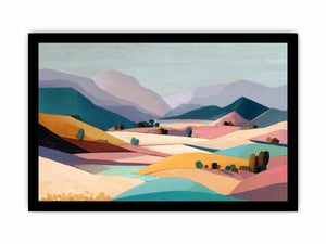 Pastel mountain valley landscape canvas art for serene bedroom and living room decor