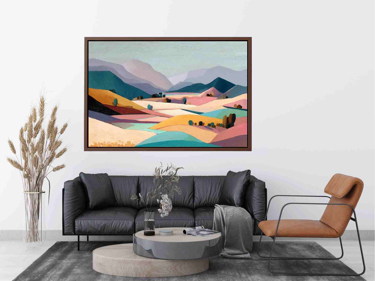 Pastel mountain valley landscape canvas art for serene bedroom and living room decor